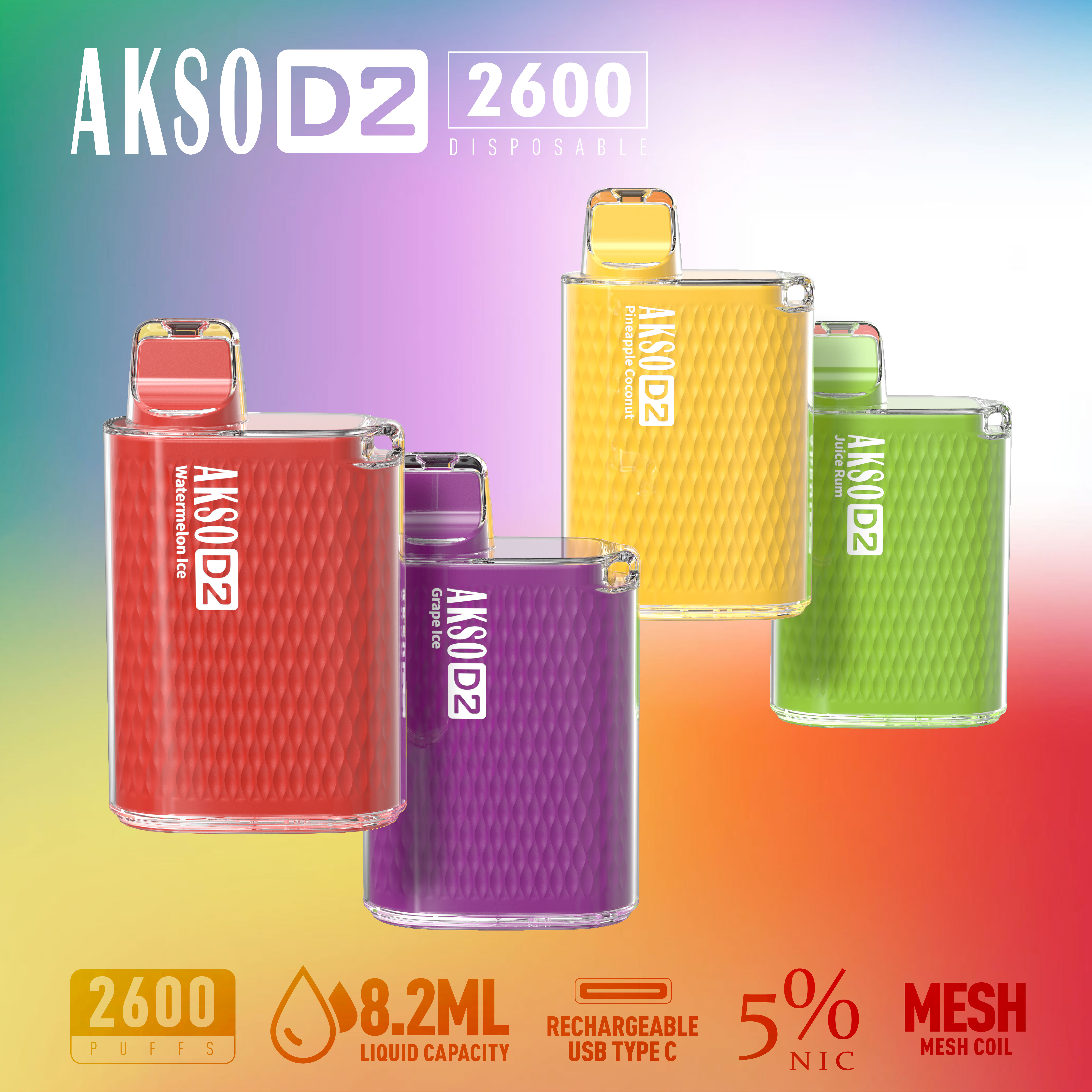 Caixa Vape descartável HCigar AKSO D2 650mAh (recarregável) 2600 baforadas