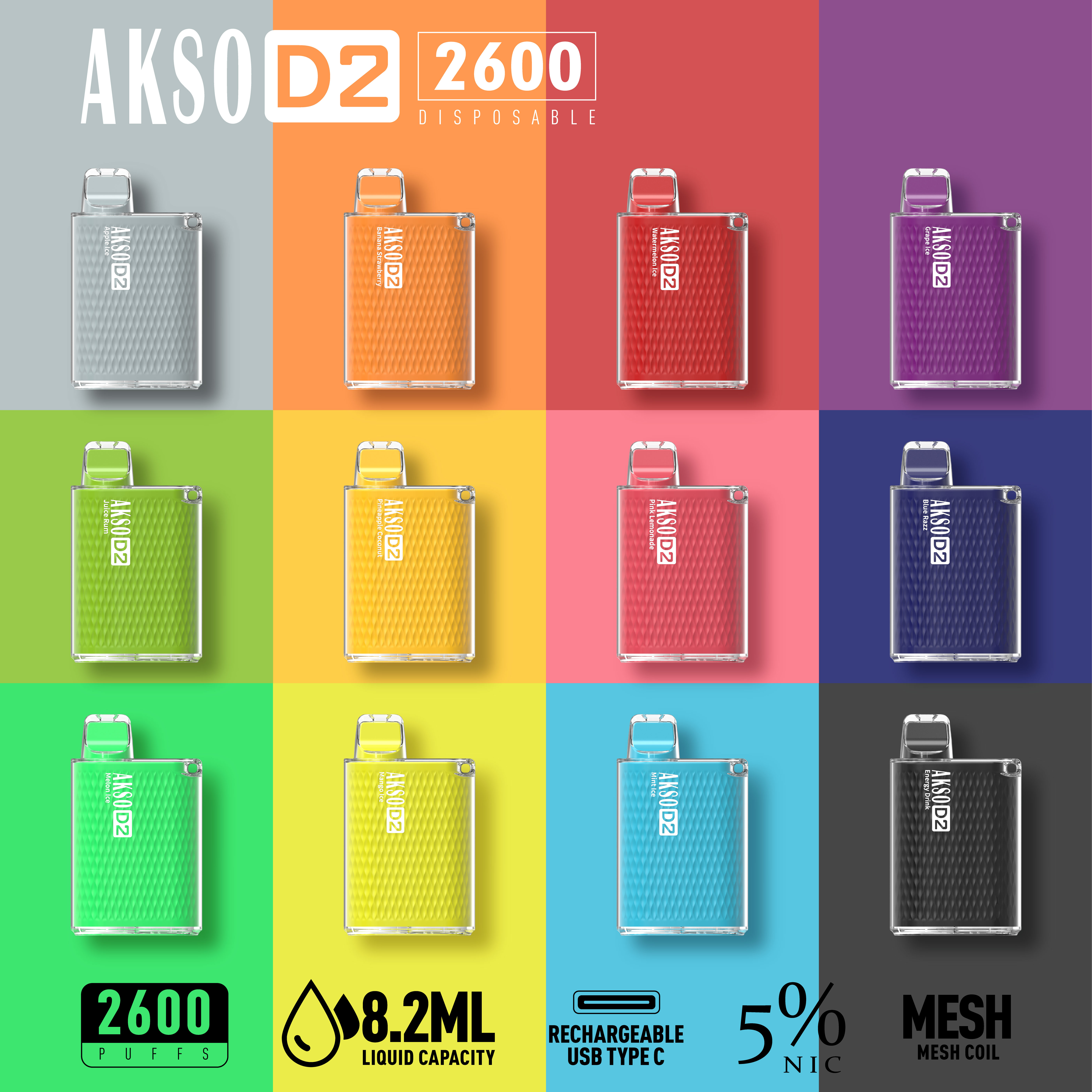 Caixa Vape descartável HCigar AKSO D2 650mAh (recarregável) 2600 baforadas